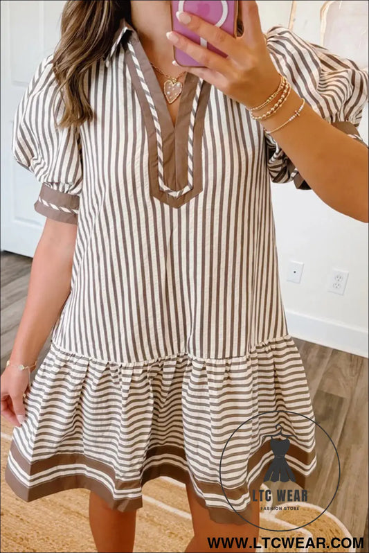 Brown Stripe Shirt Collar Color Block Patchwork Trim Ruffle Hem Short Dress