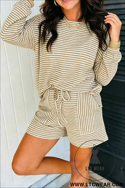Brown Stripe Textured Knit Long Sleeve Top Elastic Waist Shorts Casual Outfit