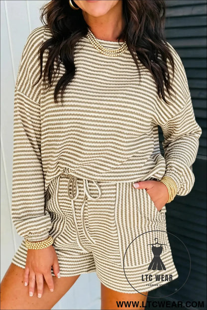 Brown Stripe Textured Knit Long Sleeve Top Elastic Waist Shorts Casual Outfit