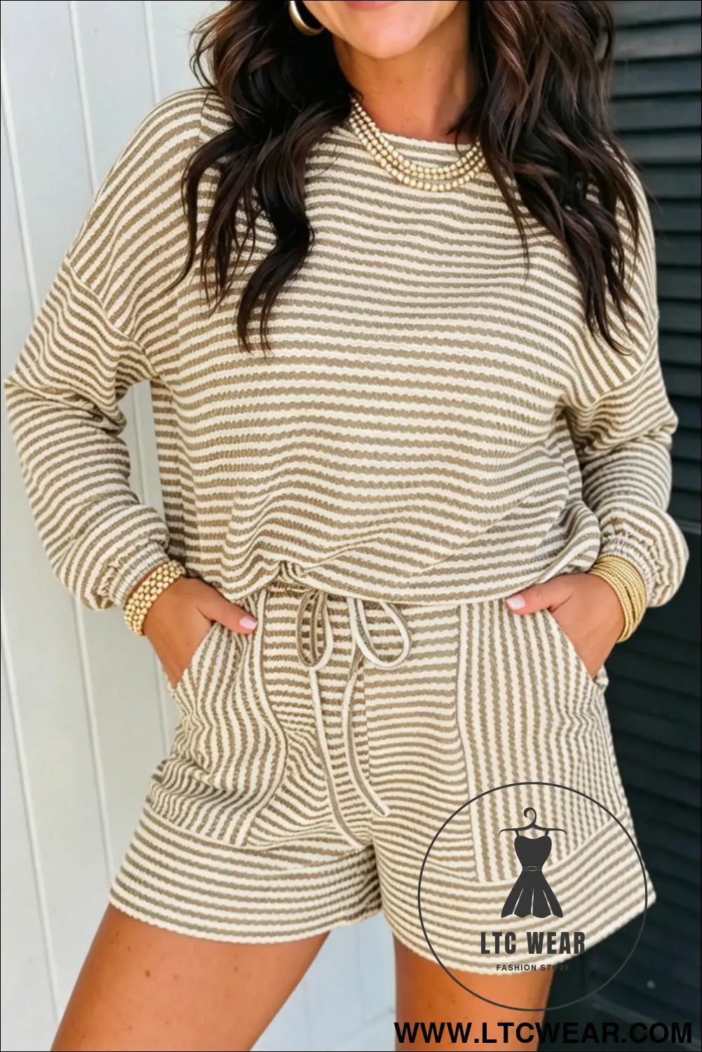 Brown Stripe Textured Knit Long Sleeve Top Elastic Waist Shorts Casual Outfit