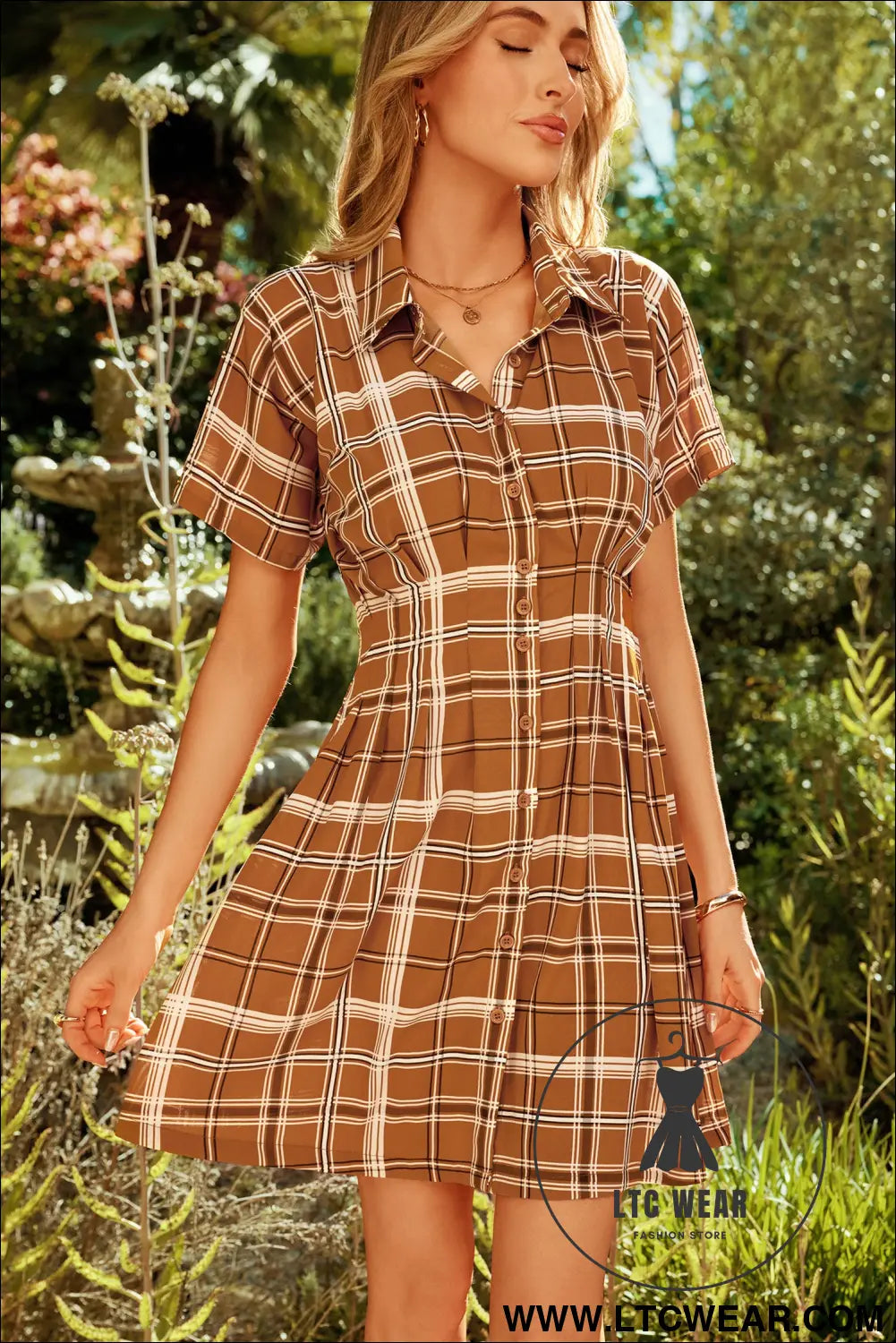 Brown striped/ polka dot/ plaid pattern shirred waist short sleeve shift dress - mini dresses