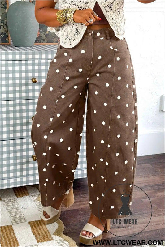 Brown Tailored Seam Polka Dot Print Barrel Casual Jeans