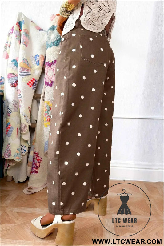 Brown Tailored Seam Polka Dot Print Barrel Casual Jeans