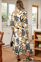 Brown Tropical Printed Contrast Trim Neck Long Sleeve Ruffle Hem Dress