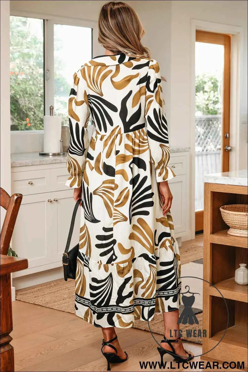 Brown Tropical Printed Contrast Trim Neck Long Sleeve Ruffle Hem Dress