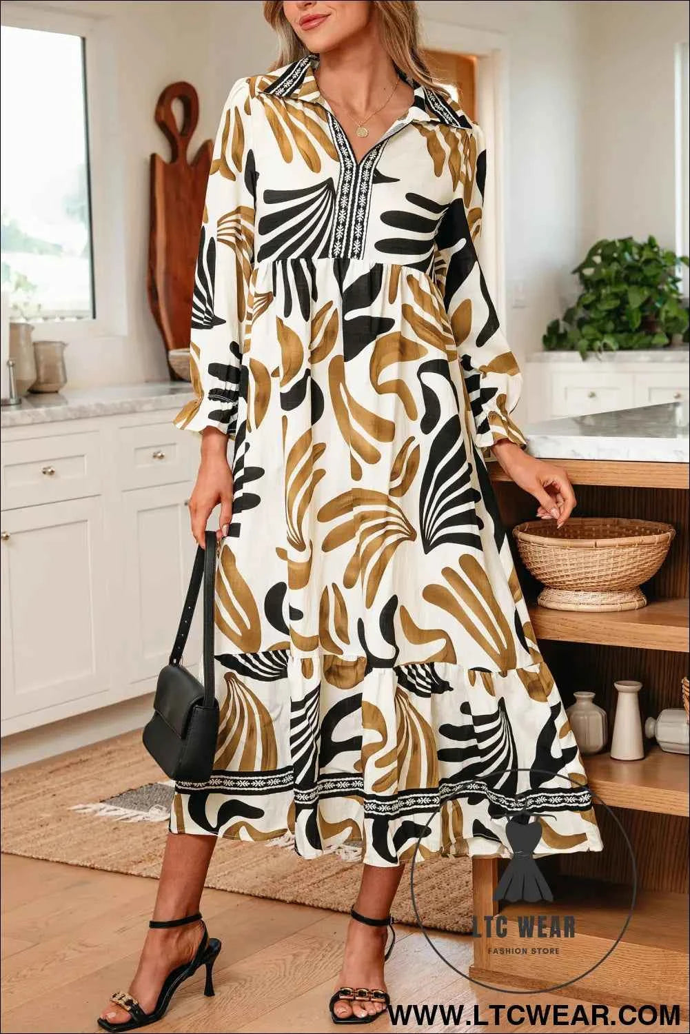 Brown Tropical Printed Contrast Trim Neck Long Sleeve Ruffle Hem Dress