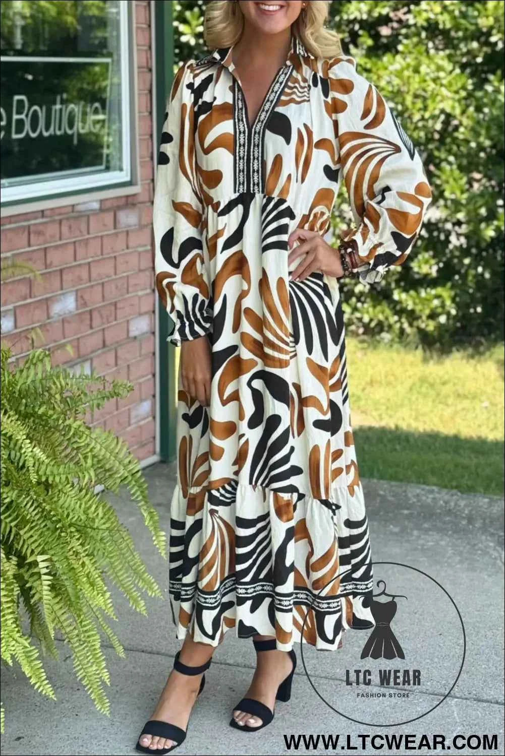 Brown Tropical Printed Contrast Trim Neck Long Sleeve Ruffle Hem Dress
