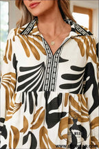Brown Tropical Printed Contrast Trim Neck Long Sleeve Ruffle Hem Dress
