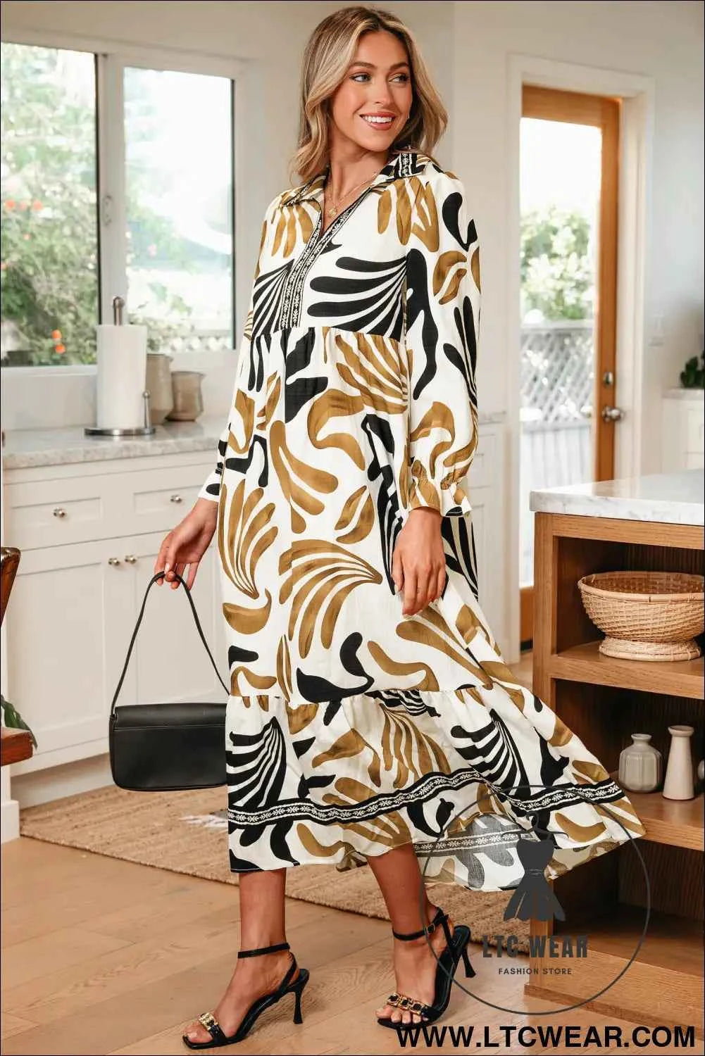 Brown Tropical Printed Contrast Trim Neck Long Sleeve Ruffle Hem Dress