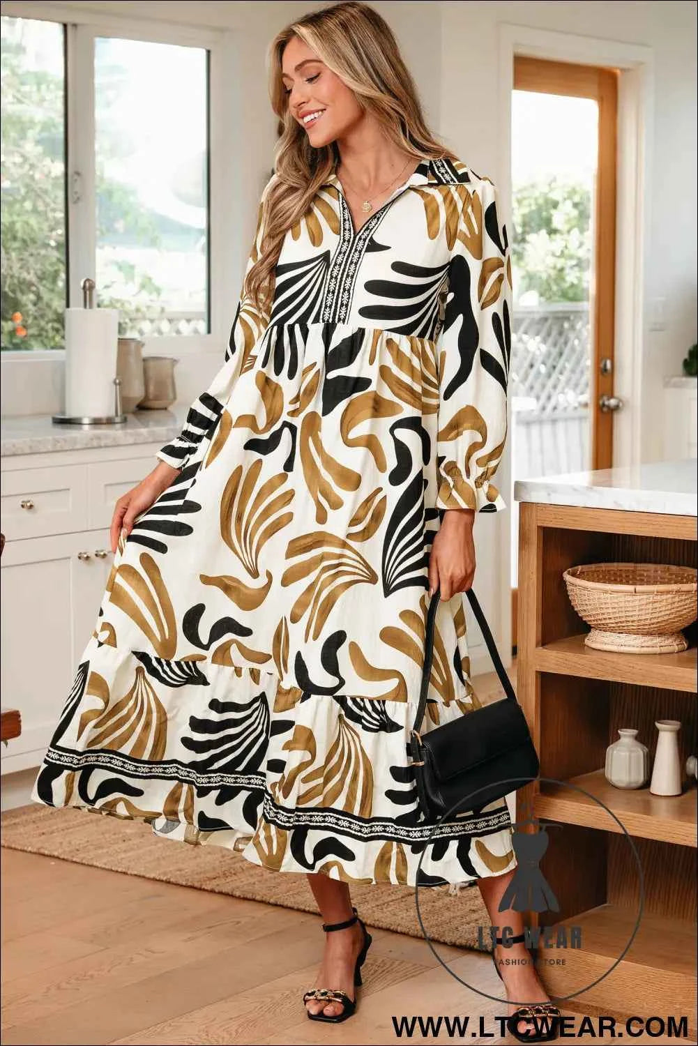 Brown Tropical Printed Contrast Trim Neck Long Sleeve Ruffle Hem Dress