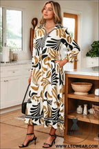 Brown Tropical Printed Contrast Trim Neck Long Sleeve Ruffle Hem Dress