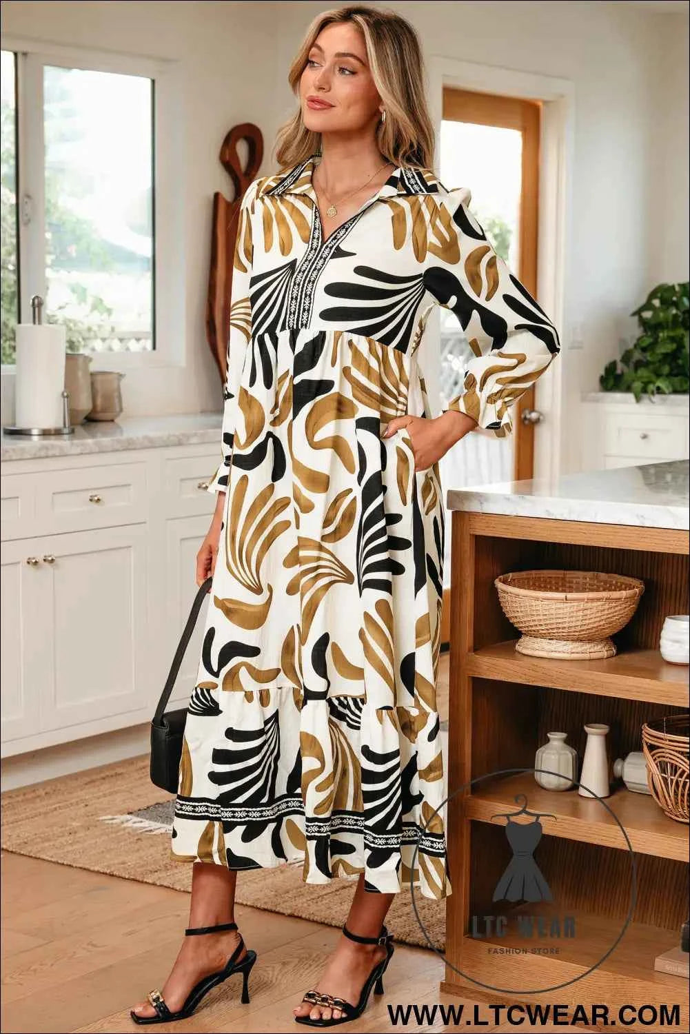 Brown Tropical Printed Contrast Trim Neck Long Sleeve Ruffle Hem Dress