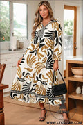 Brown Tropical Printed Contrast Trim Neck Long Sleeve Ruffle Hem Dress
