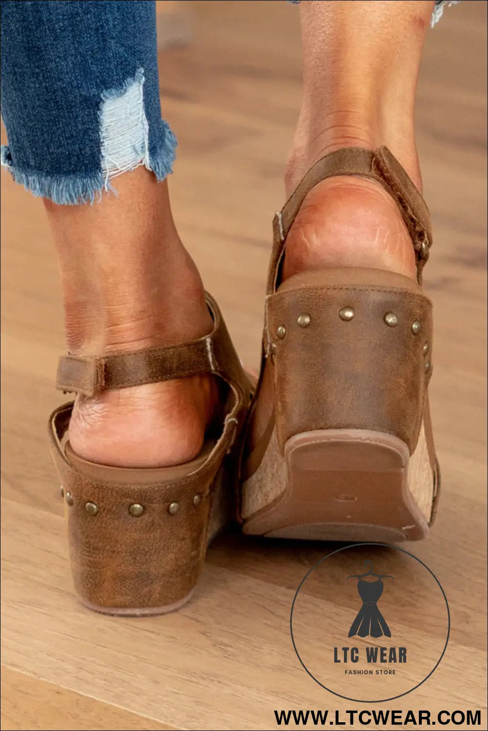 Brown vintage leather stitching studded wedge sandals - sandals