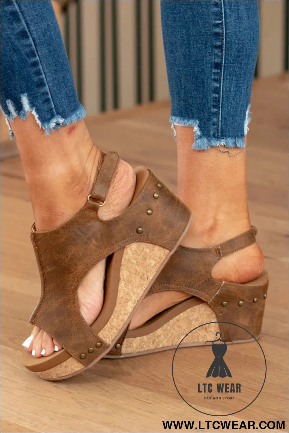 Brown vintage leather stitching studded wedge sandals - sandals