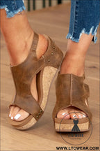 Brown vintage leather stitching studded wedge sandals - sandals