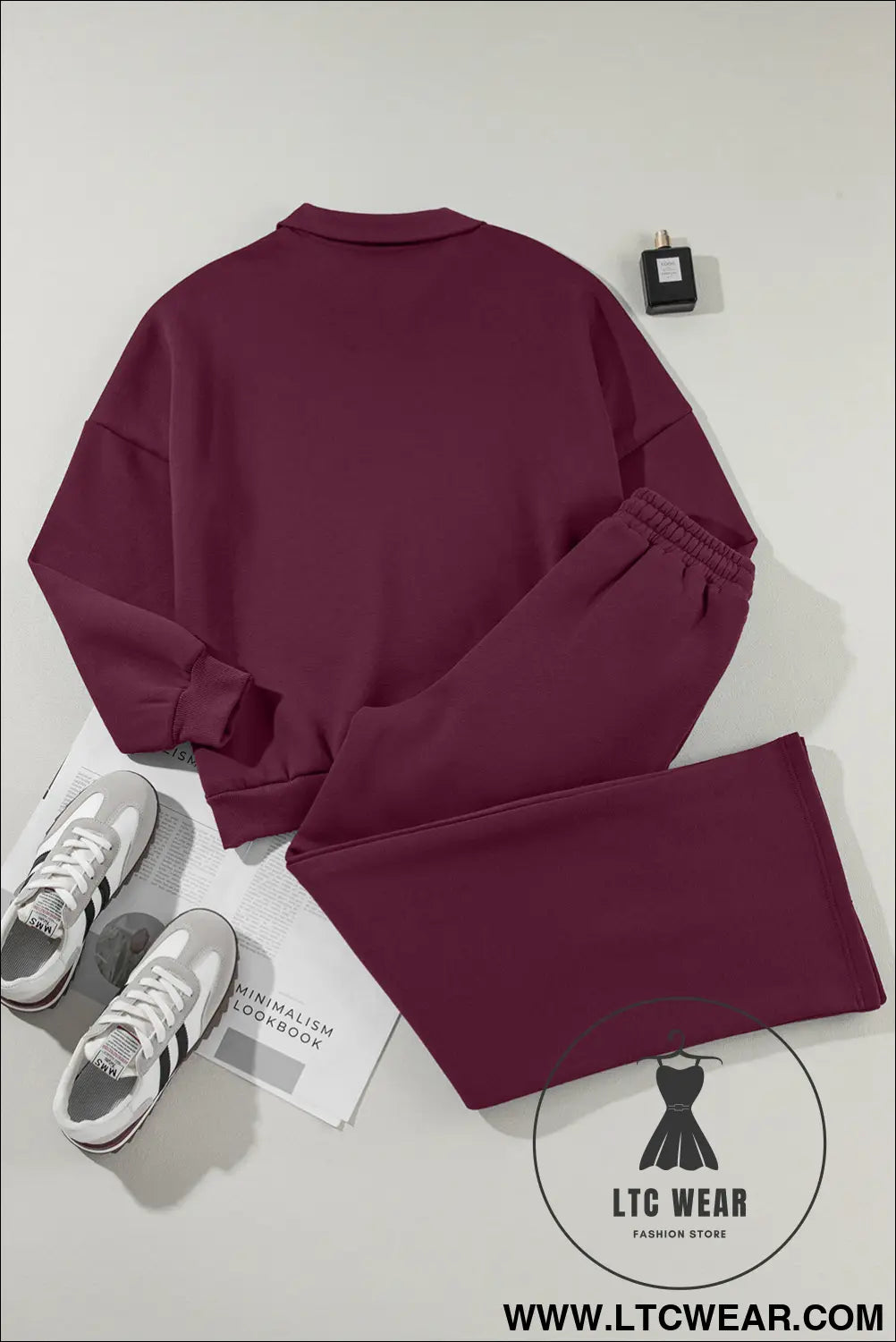 Burgundy drop shoulder zip up jacket drawstring pants active 2pcs set - activewear sets