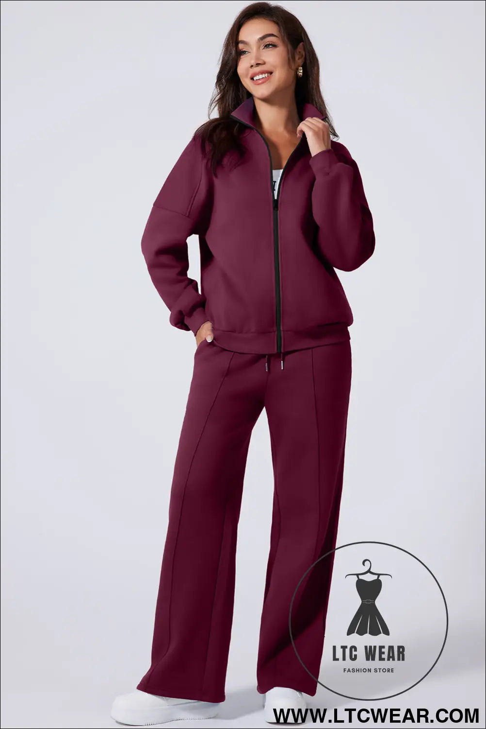 Burgundy drop shoulder zip up jacket drawstring pants active 2pcs set - activewear sets