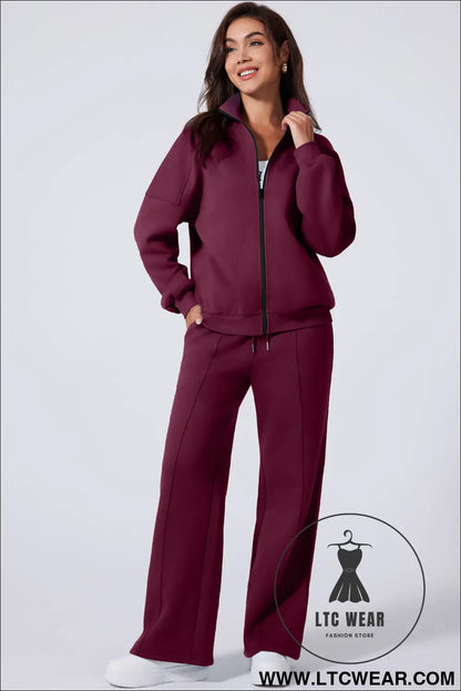 Burgundy drop shoulder zip up jacket drawstring pants active 2pcs set - activewear sets