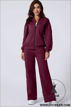 Burgundy drop shoulder zip up jacket drawstring pants active 2pcs set - activewear sets