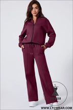 Burgundy drop shoulder zip up jacket drawstring pants active 2pcs set - activewear sets