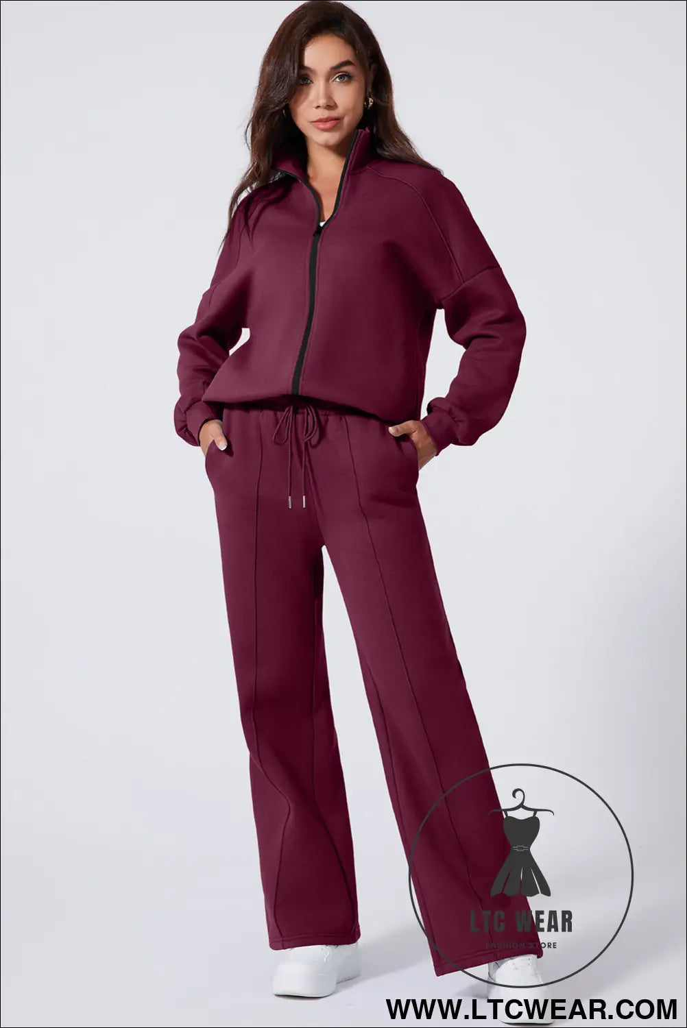 Burgundy drop shoulder zip up jacket drawstring pants active 2pcs set - activewear sets