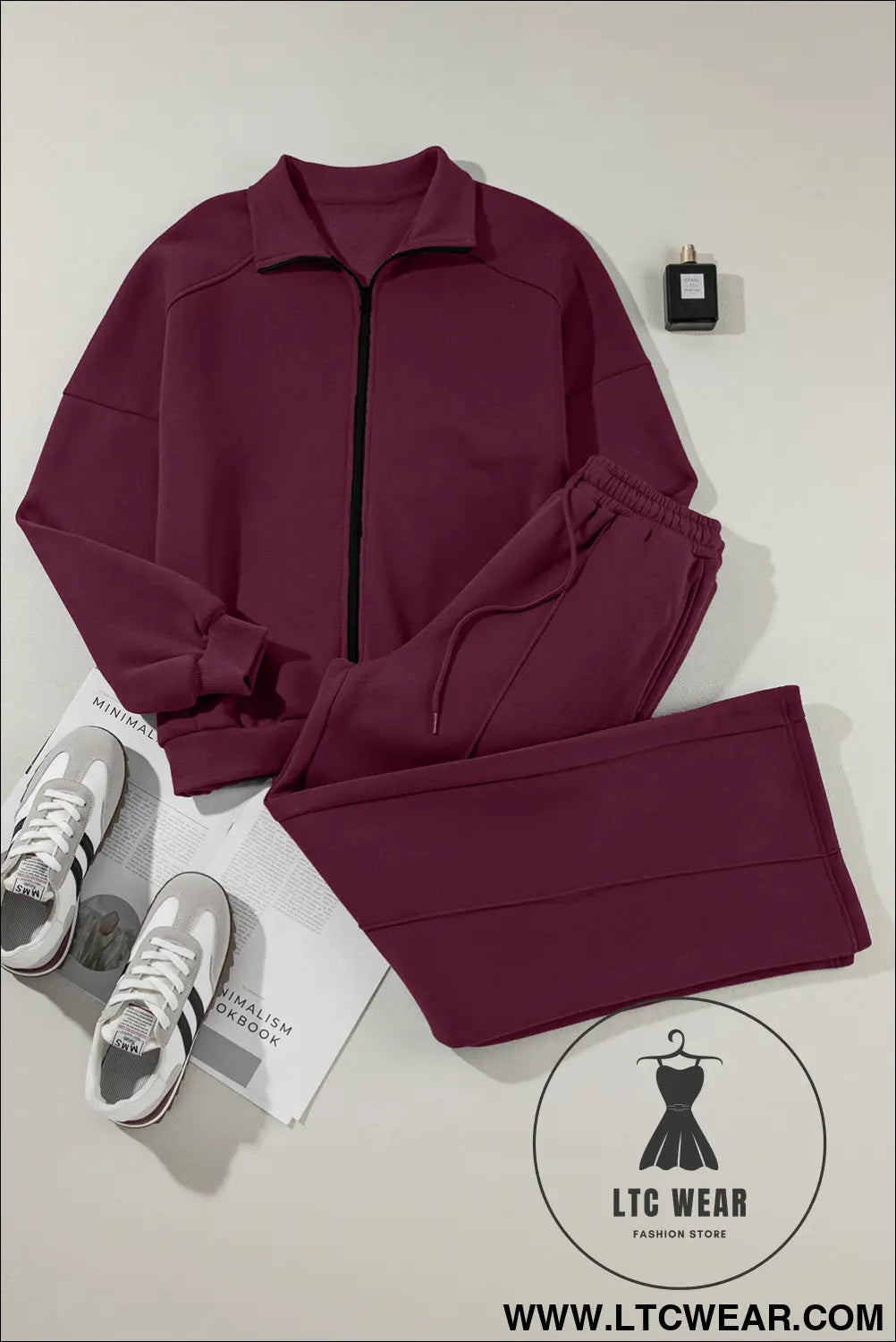 Burgundy drop shoulder zip up jacket drawstring pants active 2pcs set - activewear sets