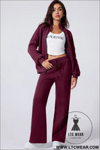 Burgundy drop shoulder zip up jacket drawstring pants active 2pcs set - activewear sets