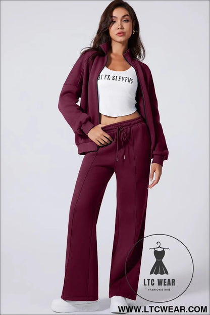 Burgundy drop shoulder zip up jacket drawstring pants active 2pcs set - activewear sets