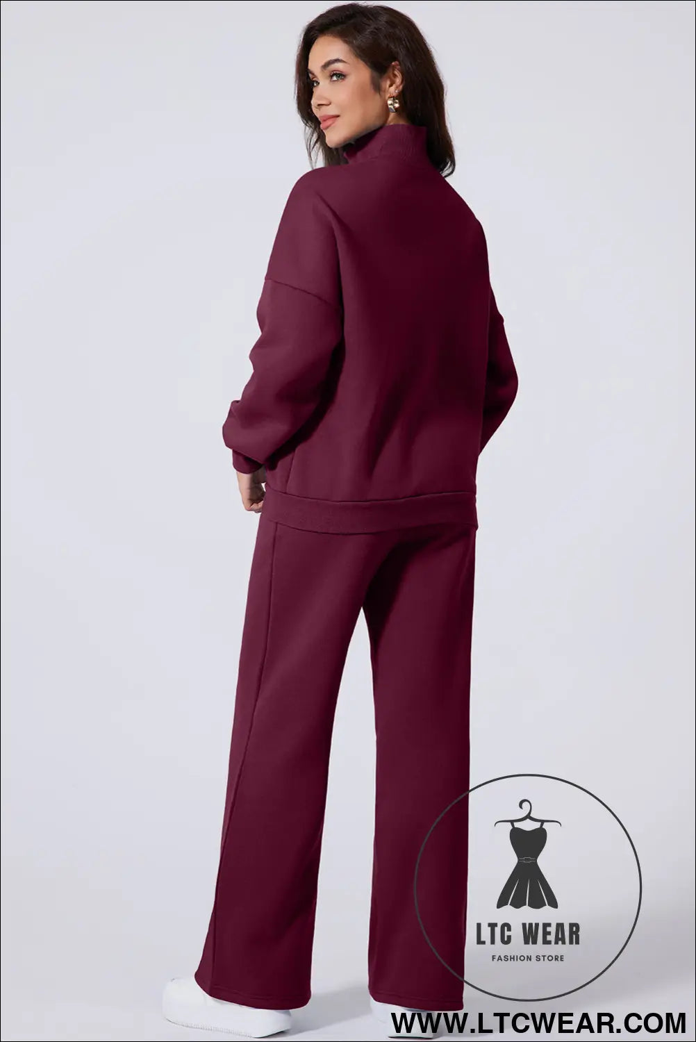 Burgundy drop shoulder zip up jacket drawstring pants active 2pcs set - activewear sets
