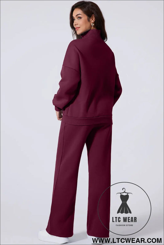 Burgundy drop shoulder zip up jacket drawstring pants active 2pcs set - activewear sets