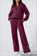 Burgundy drop shoulder zip up jacket drawstring pants active 2pcs set - burgundy / 2xl / 50% polyester + 50% cotton
