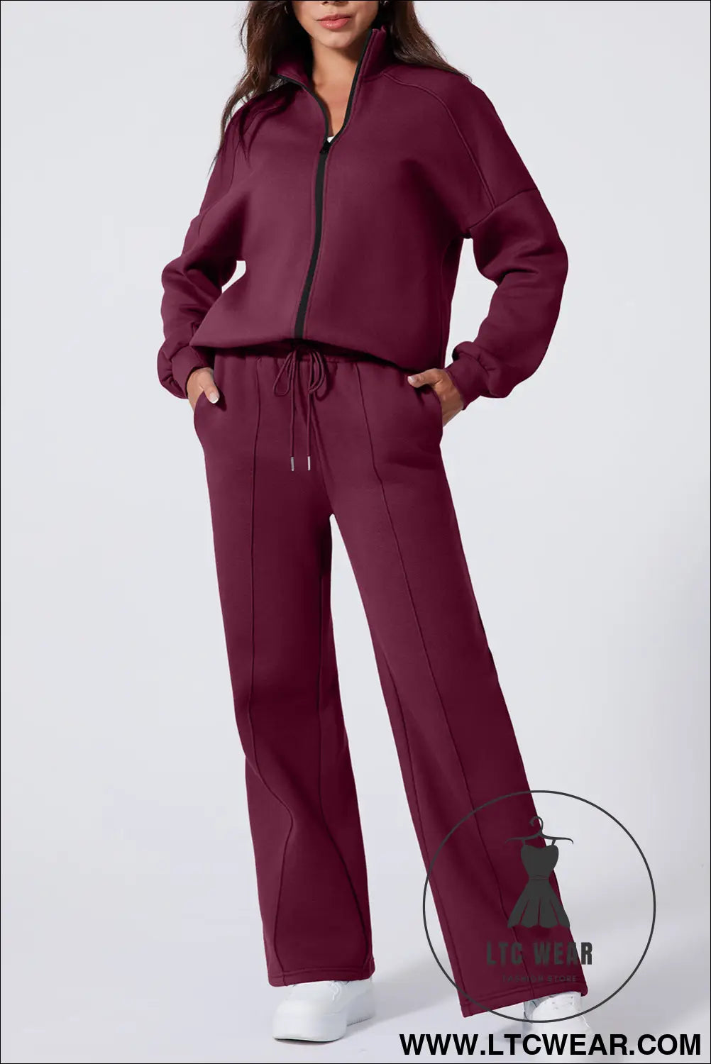 Burgundy drop shoulder zip up jacket drawstring pants active 2pcs set - burgundy / 2xl / 50% polyester + 50% cotton