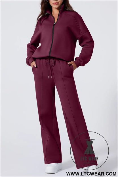 Burgundy drop shoulder zip up jacket drawstring pants active 2pcs set - burgundy / 2xl / 50% polyester + 50% cotton