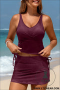 Burgundy ribbed knit crossed detail tank skort 2pcs swimsuit - burgundy / 2xl / 90% polyester + 10% elastane - tankinis