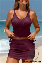 Burgundy ribbed knit crossed detail tank skort 2pcs swimsuit - burgundy / 2xl / 90% polyester + 10% elastane - tankinis