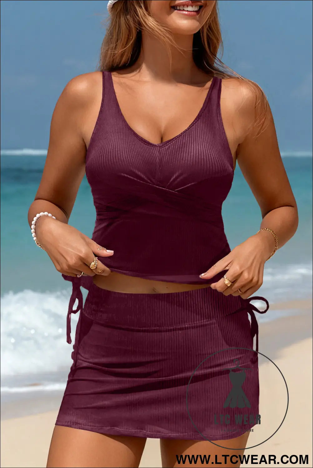 Burgundy ribbed knit crossed detail tank skort 2pcs swimsuit - burgundy / 2xl / 90% polyester + 10% elastane - tankinis