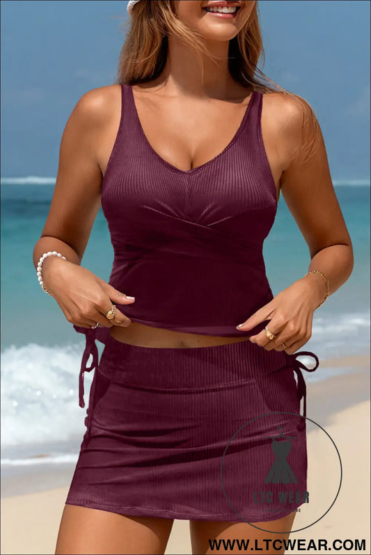 Burgundy ribbed knit crossed detail tank skort 2pcs swimsuit - burgundy / 2xl / 90% polyester + 10% elastane - tankinis