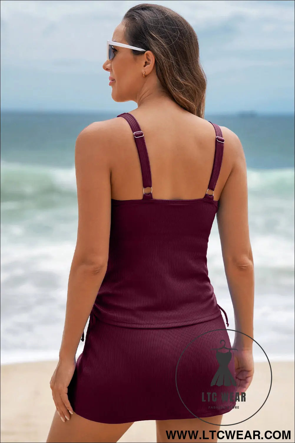Burgundy ribbed knit crossed detail tank skort 2pcs swimsuit - tankinis