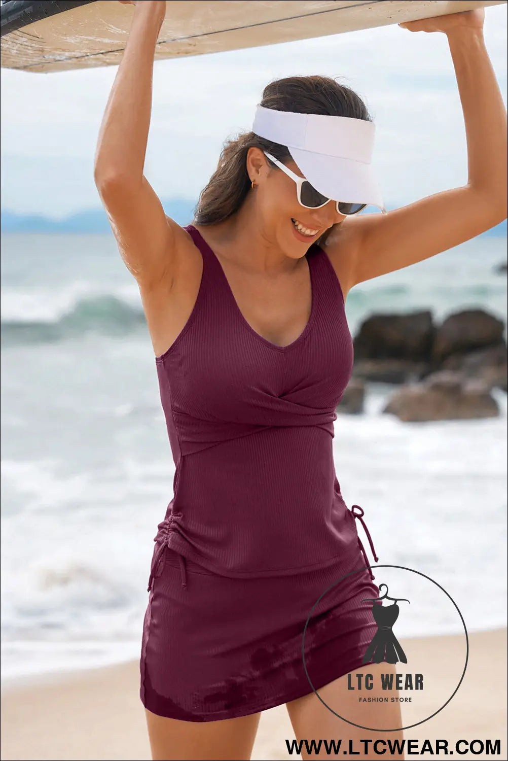 Burgundy ribbed knit crossed detail tank skort 2pcs swimsuit - tankinis