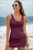 Burgundy ribbed knit crossed detail tank skort 2pcs swimsuit - tankinis