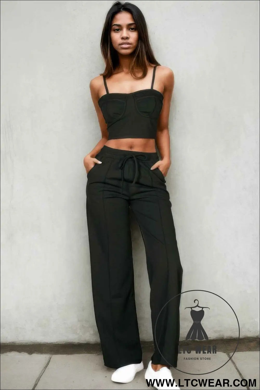 Bustier Crop Cami Top & Slant Pocket Straight Pants