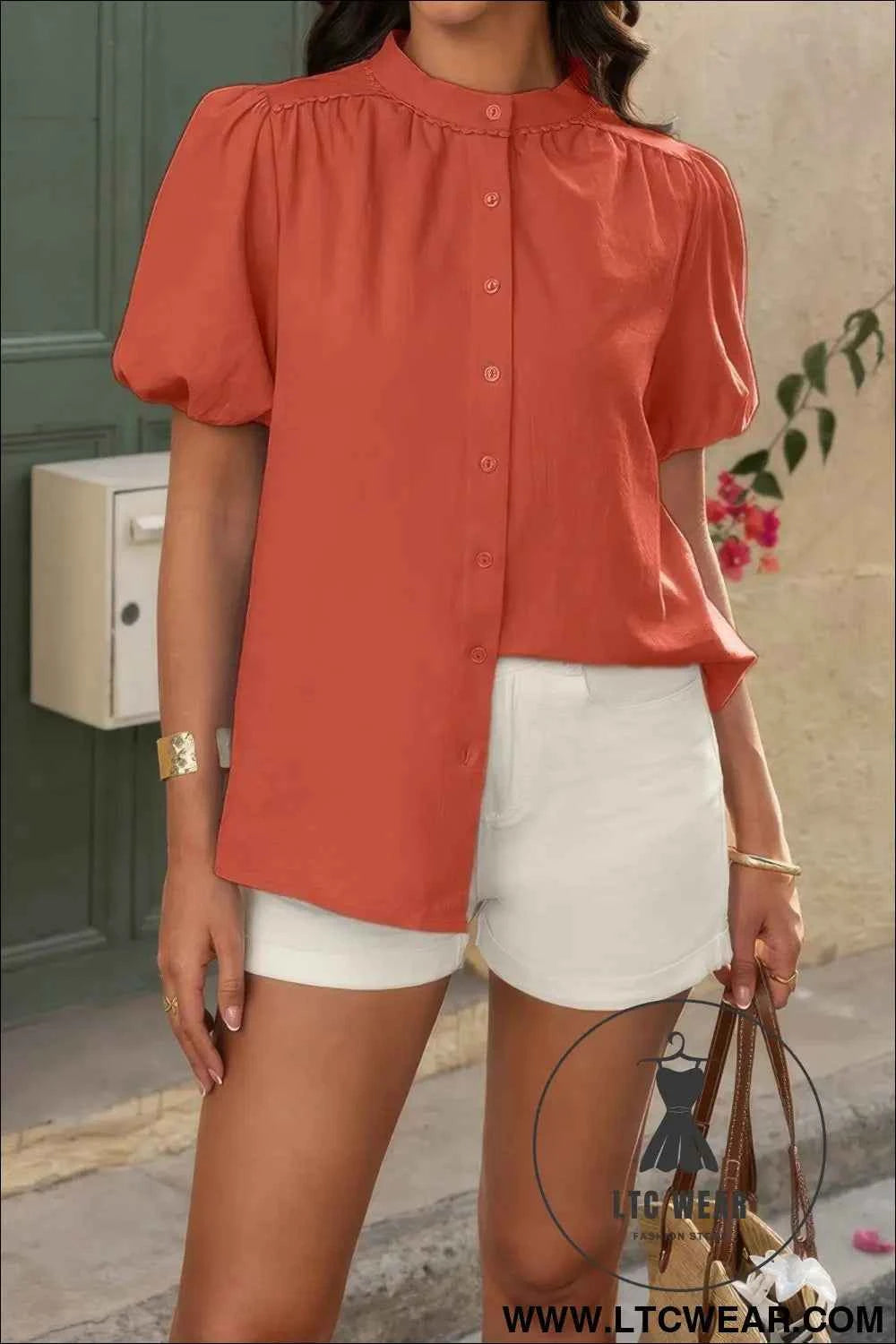 Button Down Lantern Puff Short Sleeve V Neck Top