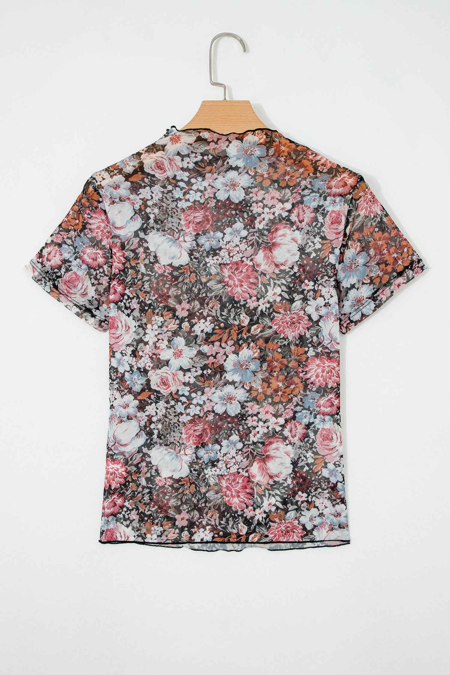 Brown Floral Printed Mesh Short Sleeve Top