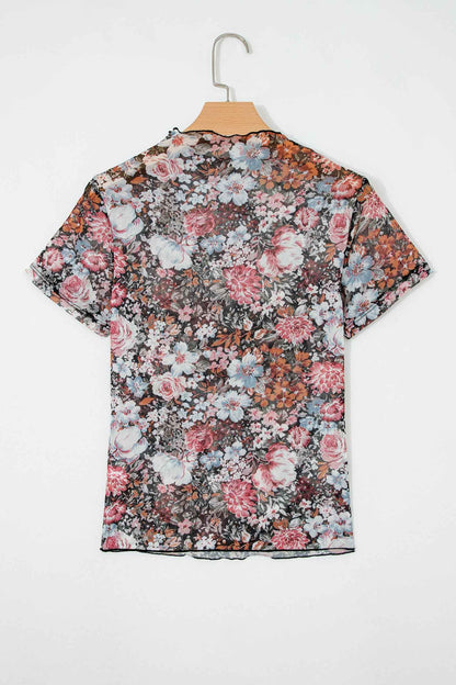 Brown Floral Printed Mesh Short Sleeve Top