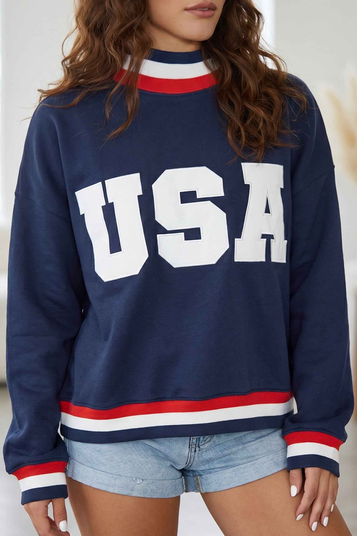 Dirty blue USA Slogan Patch Embroidery Colorblock High Neck Long Sleeve Sweatshirt