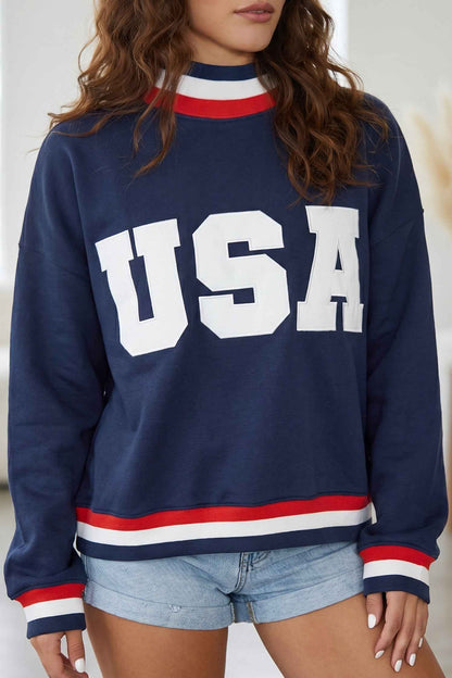 Dirty blue USA Slogan Patch Embroidery Colorblock High Neck Long Sleeve Sweatshirt