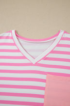 Pink Stripe Colorblock Patched Pocket V Neck Plus Size Tee