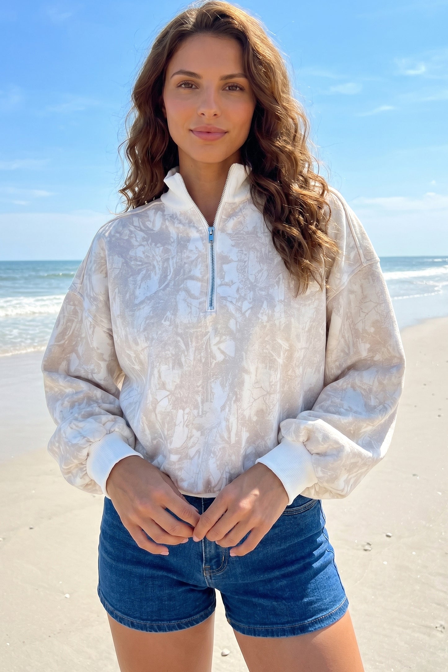 Khaki Camouflage Print Quarter-Zip Drop Shoulder Long Sleeve Sweatshirt