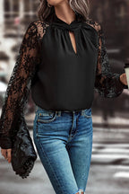 Black Keyhole Neckline Lace Splicing Raglan Sleeve Blouse